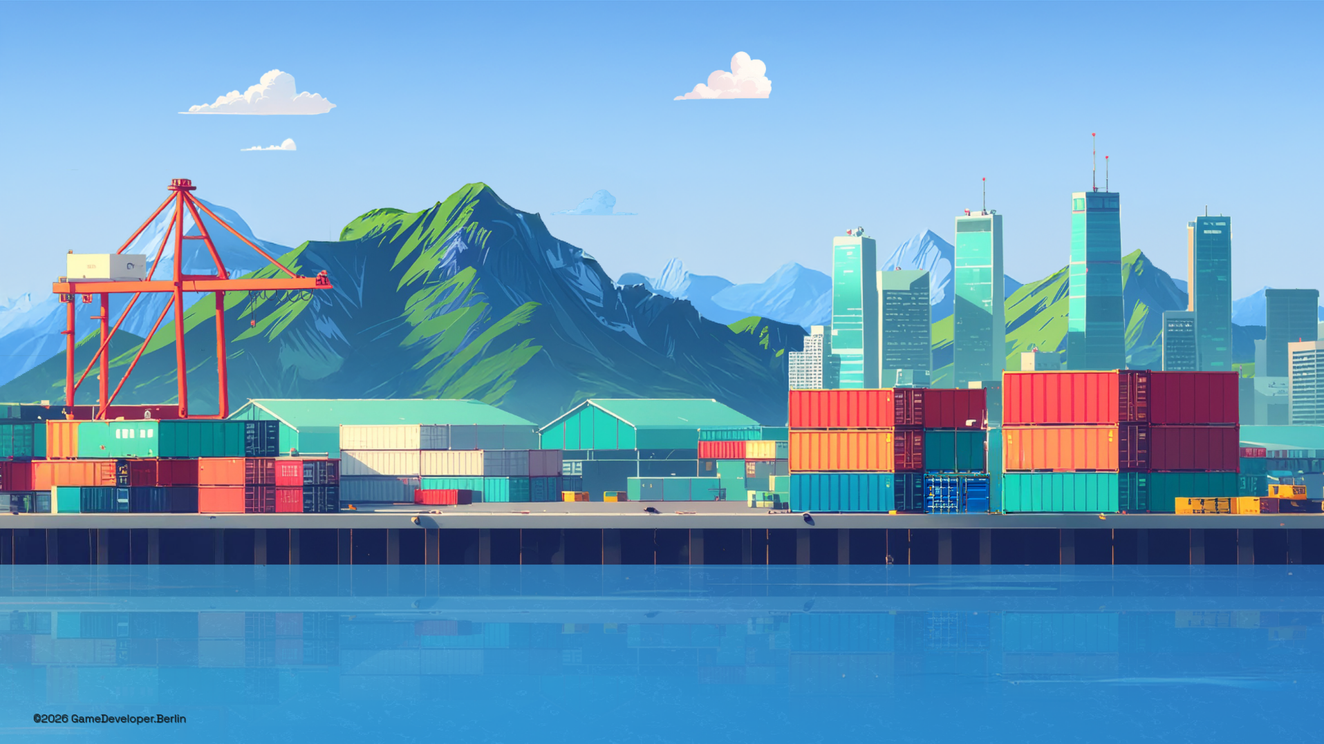 A scene with mountains, a city with skyscrapers in the background and a port with shipping container in the foreground